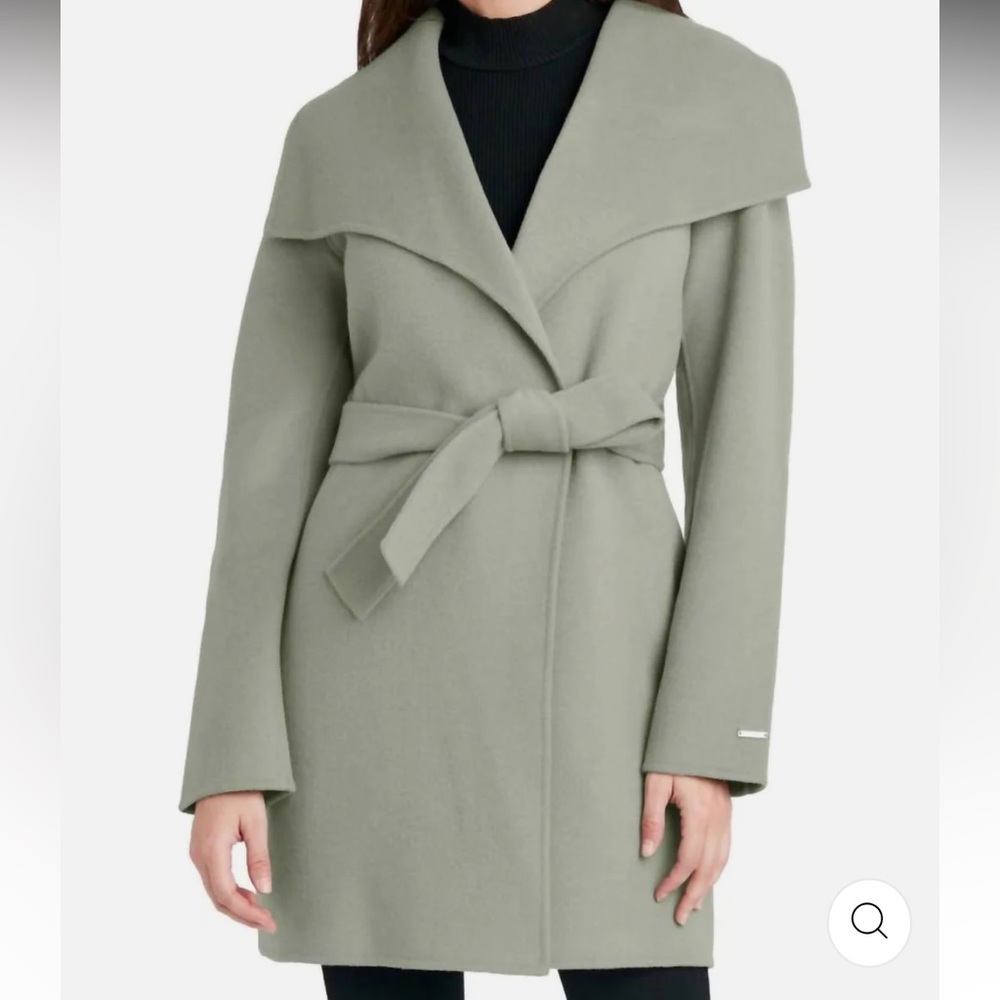 Tahari Elle Tie Belt Wool Blend Coat in Sage